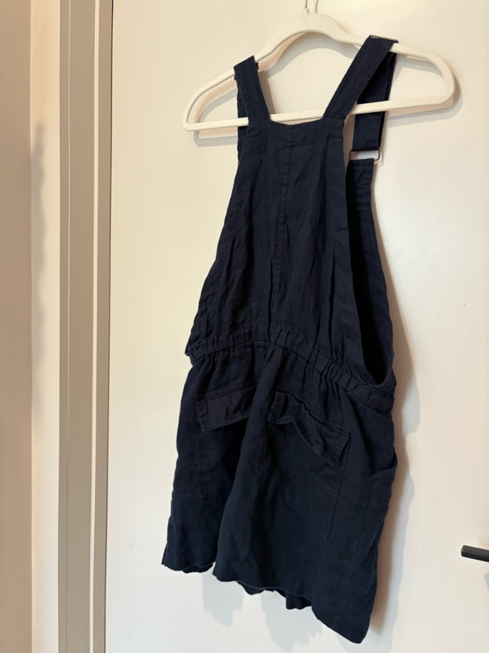 Linen Overall Romper One Piece Adjustable Navy Blue Front Pocket Drawstring M - Picture 8 of 10